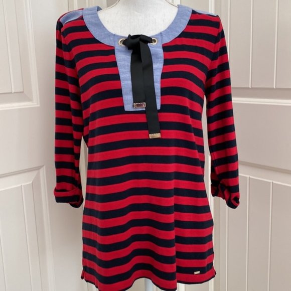 Tommy Hilfiger Red Blue Striped Nautical Women's Shirt Size Large - Picture 1 of 8